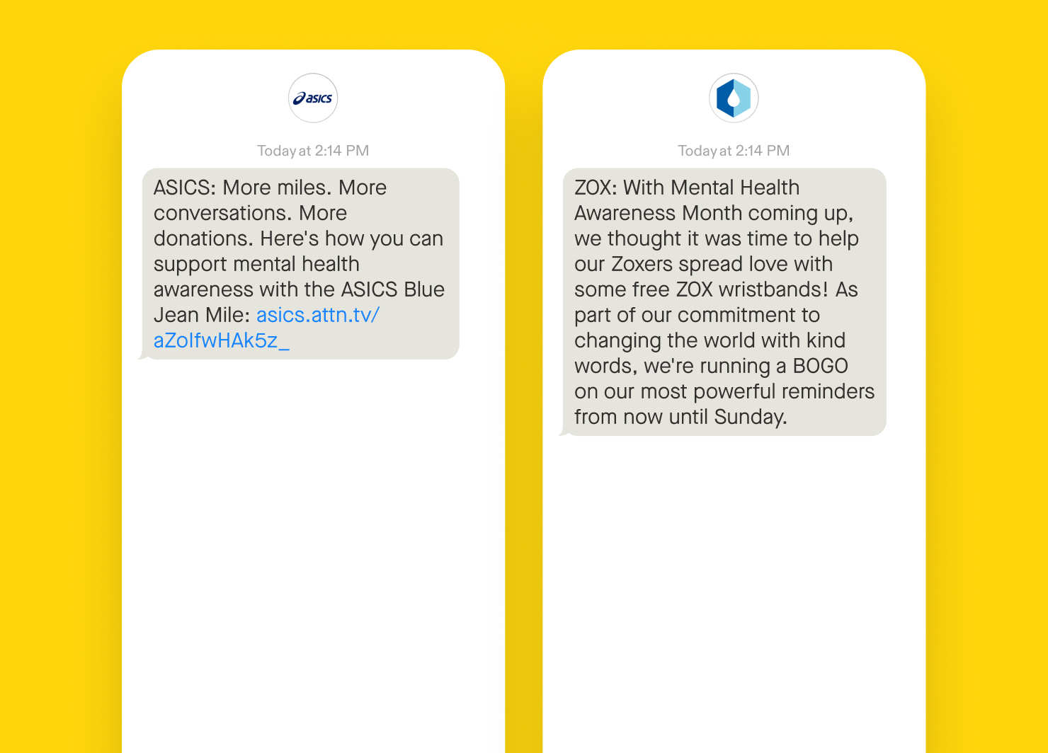 Text message examples of how brands can show up during Mental Health Awareness Month