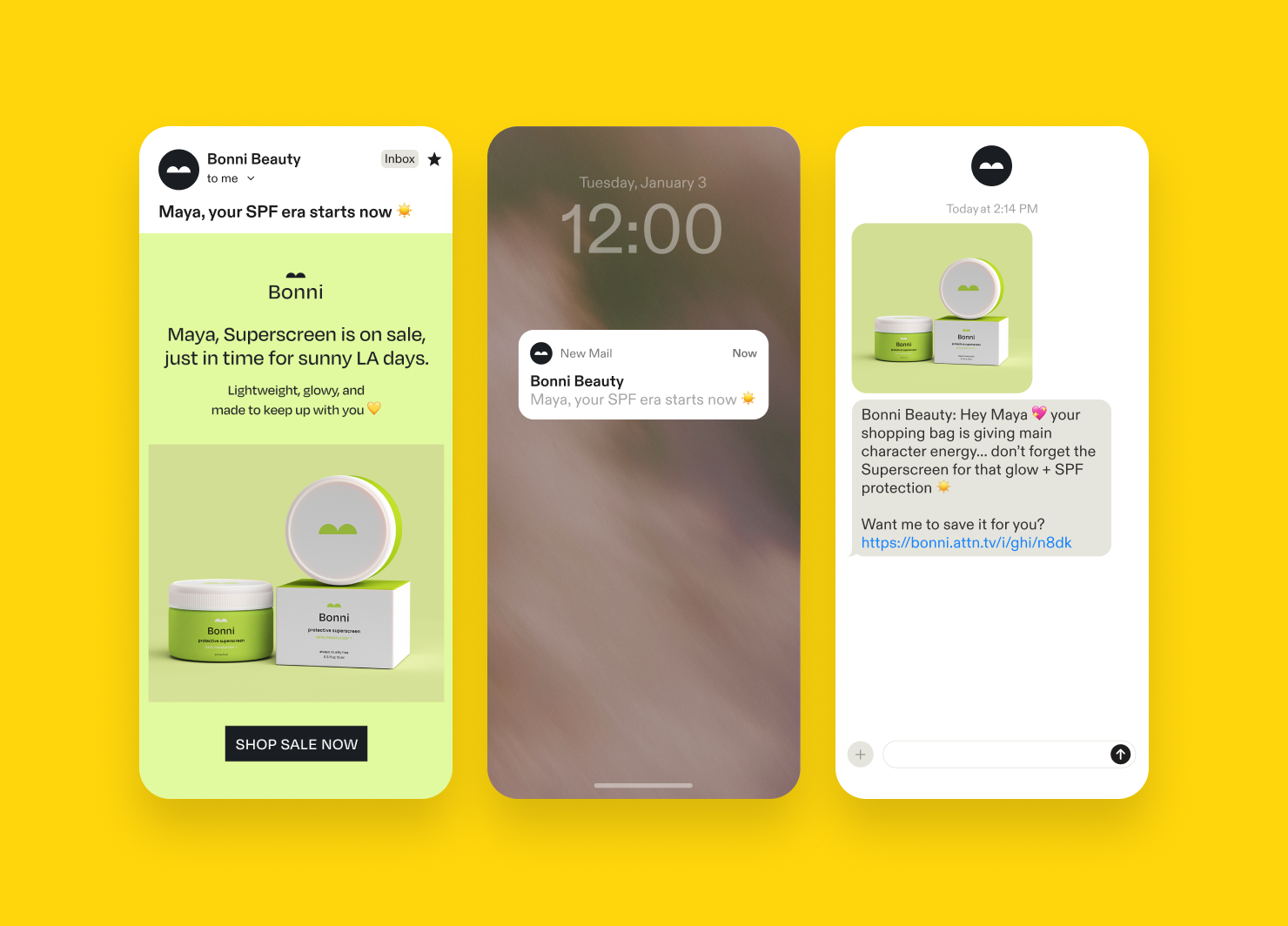 SMS, Email, and Push examples on phones 
