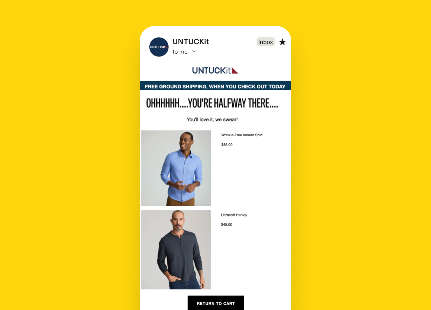 Cart abandonment email from UNTUCKit