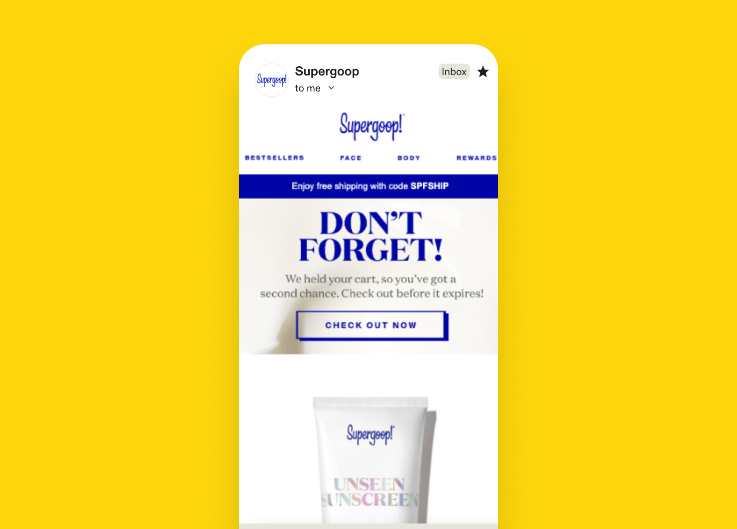 Cart abandonment email from Supergoop!