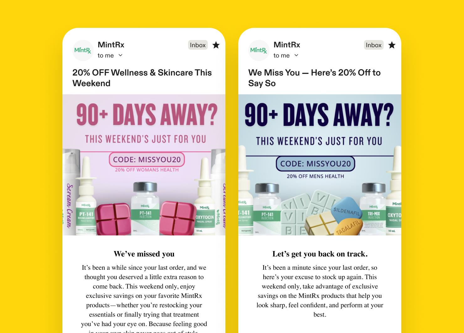 Two email examples of winback campaigns