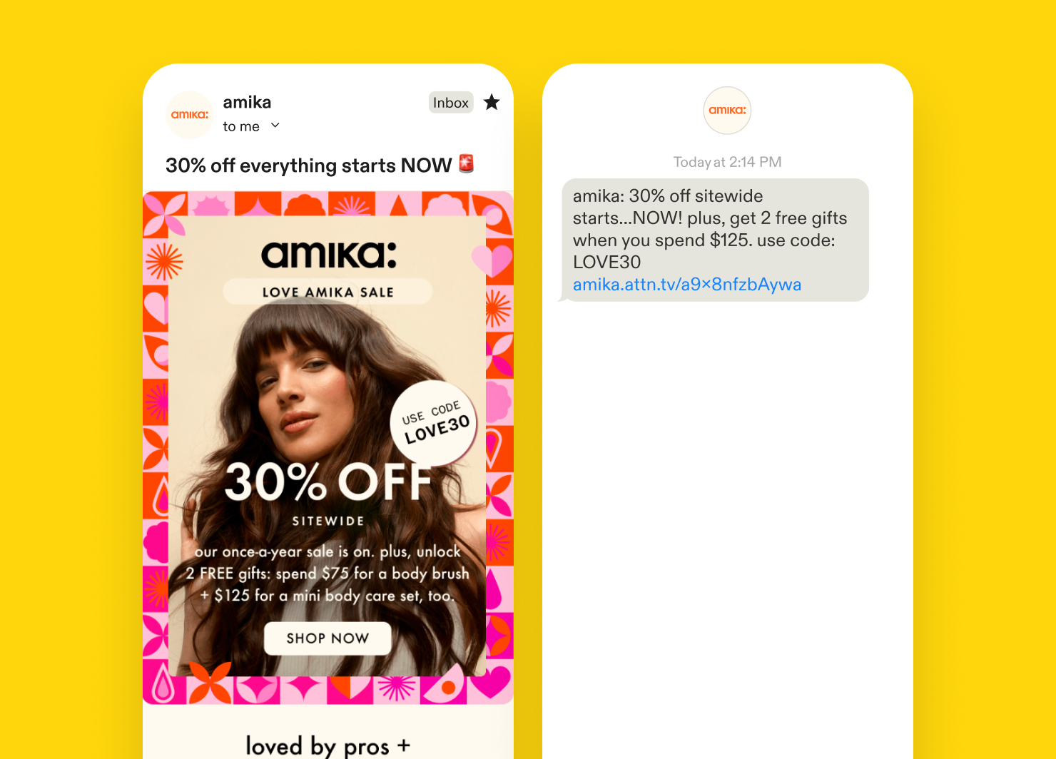 Email and text message from amika announcing the start of a sale