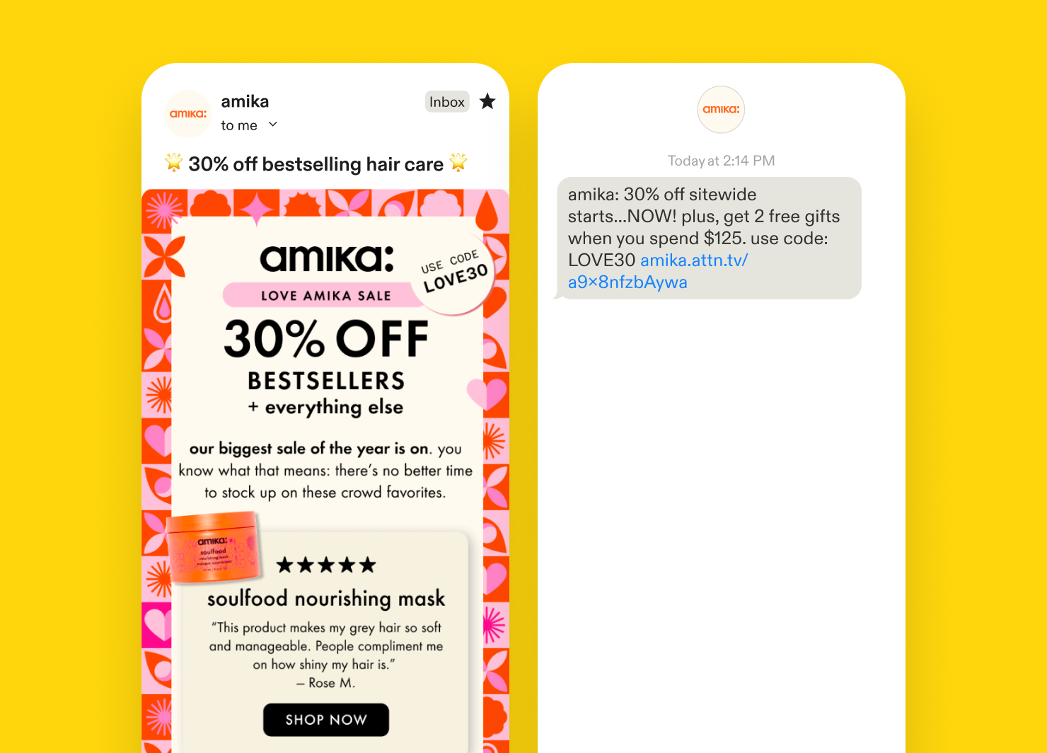 An email and text message from amika highlighting bestsellers in their multi-message sale campaign