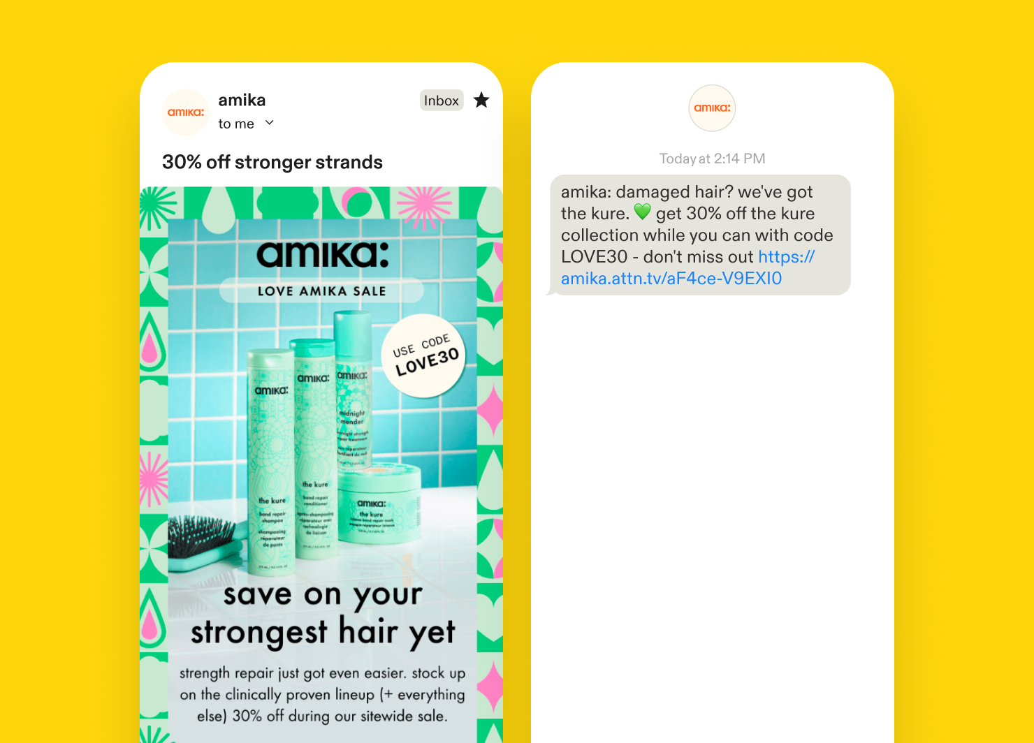 Email and text message from amika during their sale, segmented by product interest