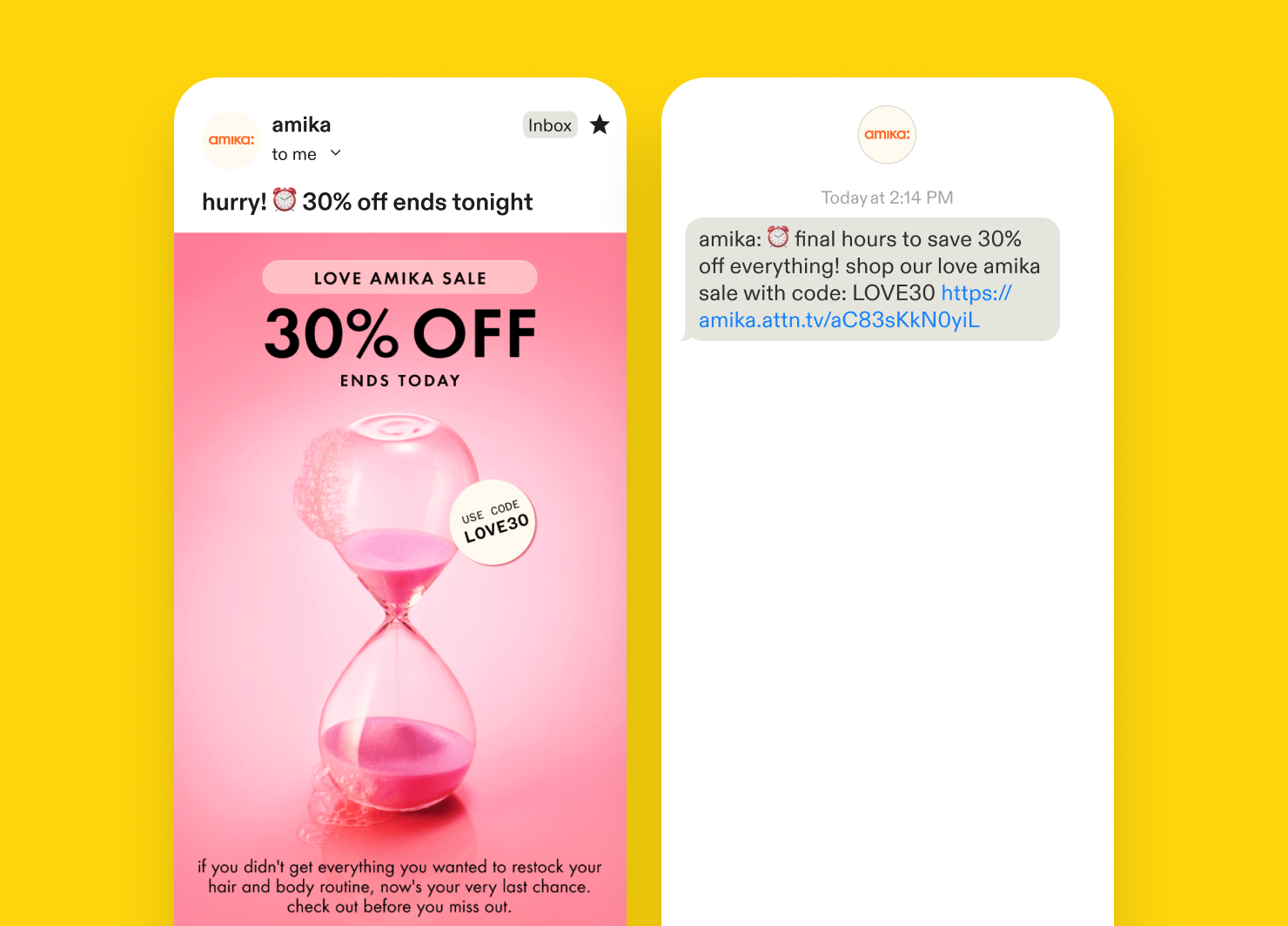 An email and text message from amika reminding subscribers that their sale is about to end