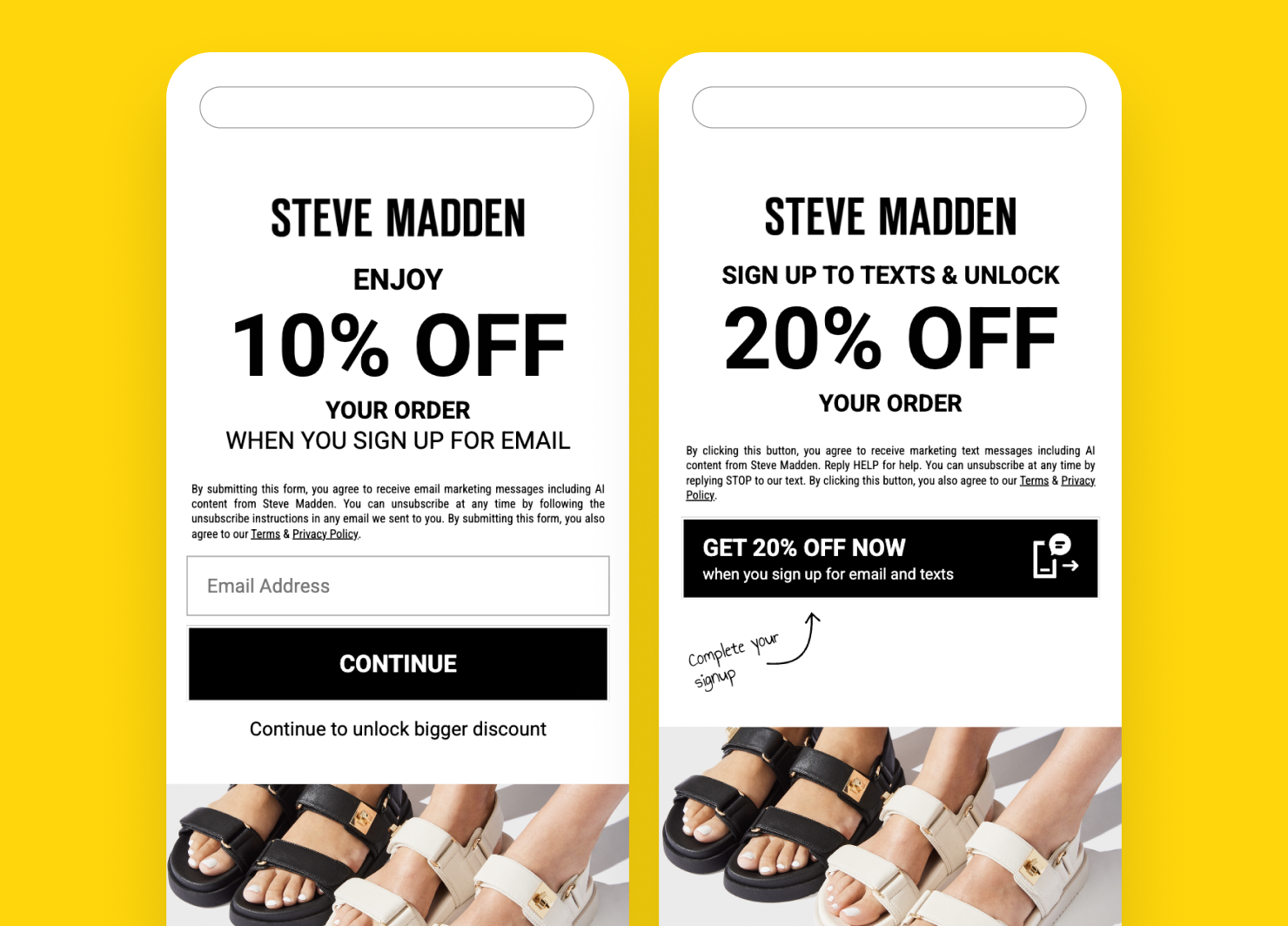 Steve Madden email and SMS welcome pop-up