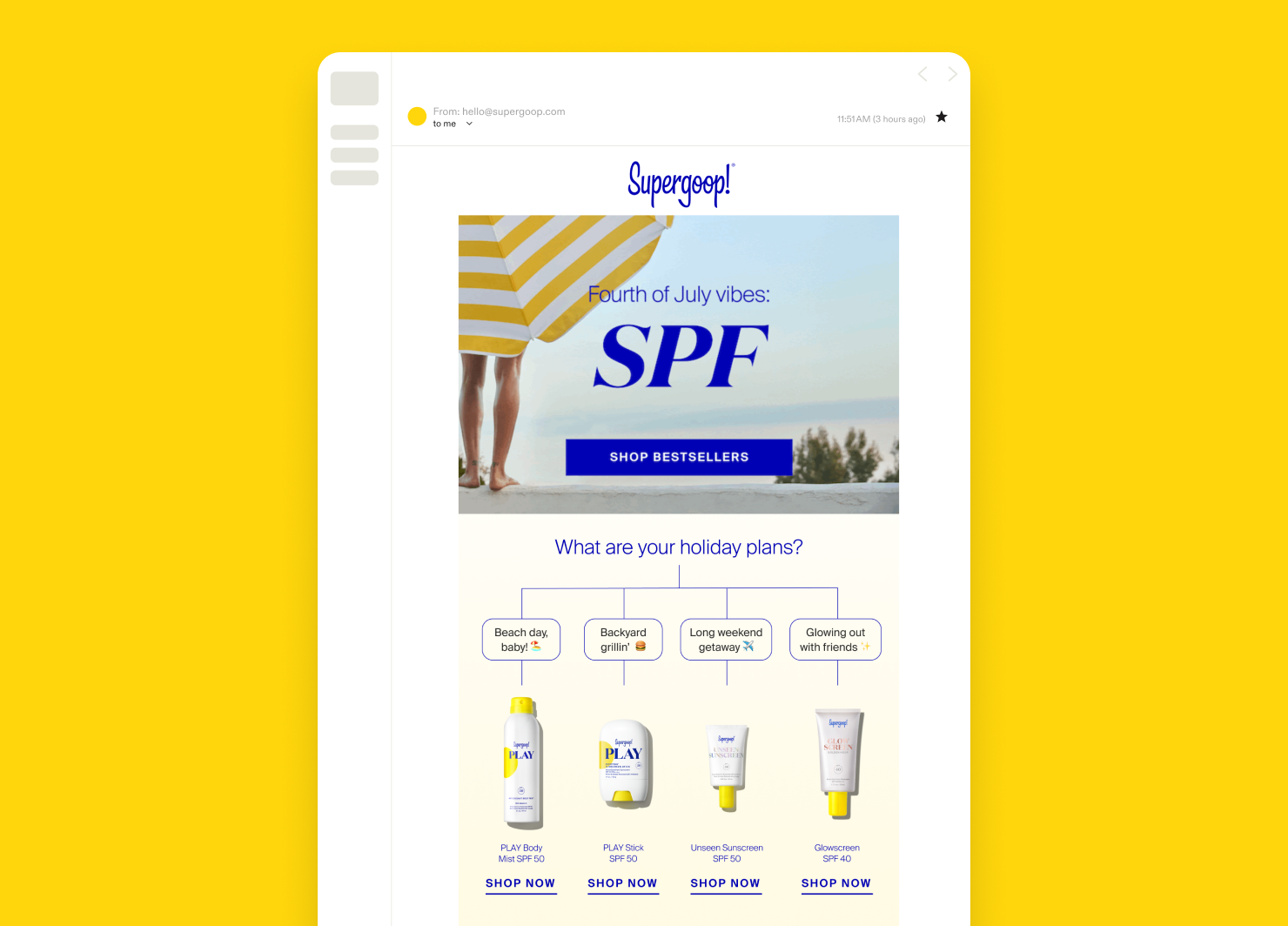 Example of a Supergoop! email campaign in July