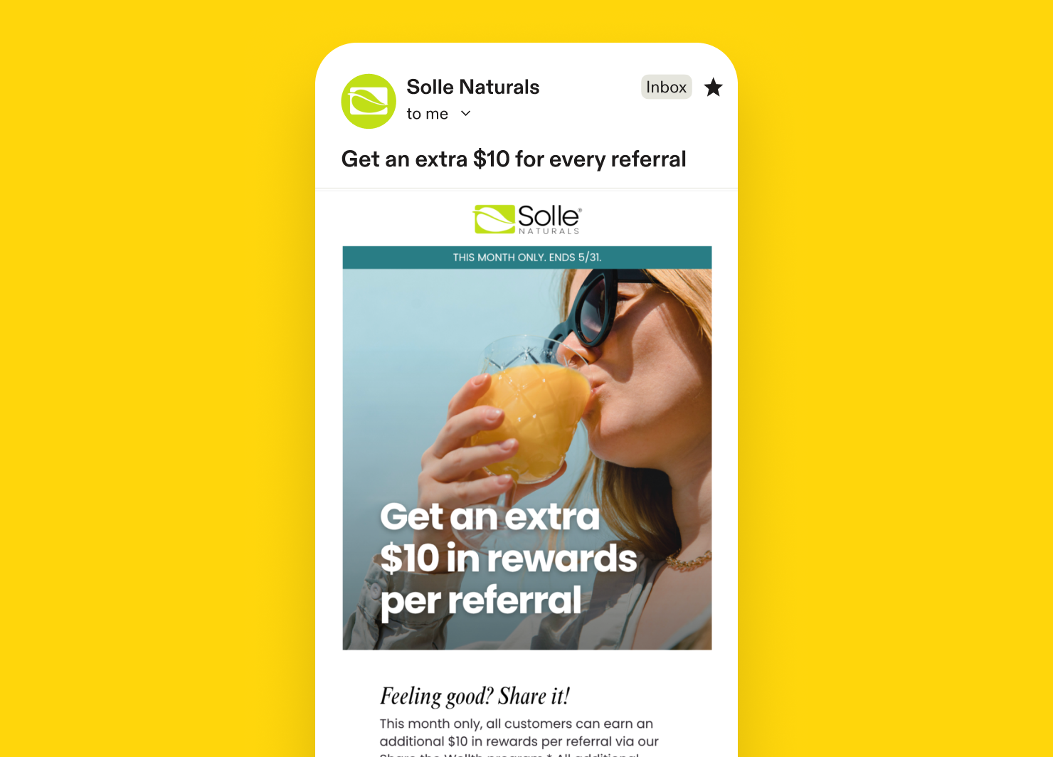 Referral program email example: Solle Naturals