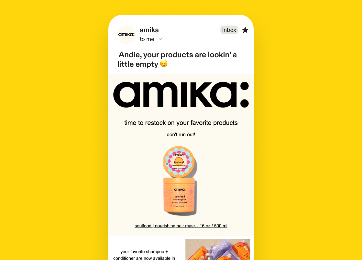 Replenishment email example: amika