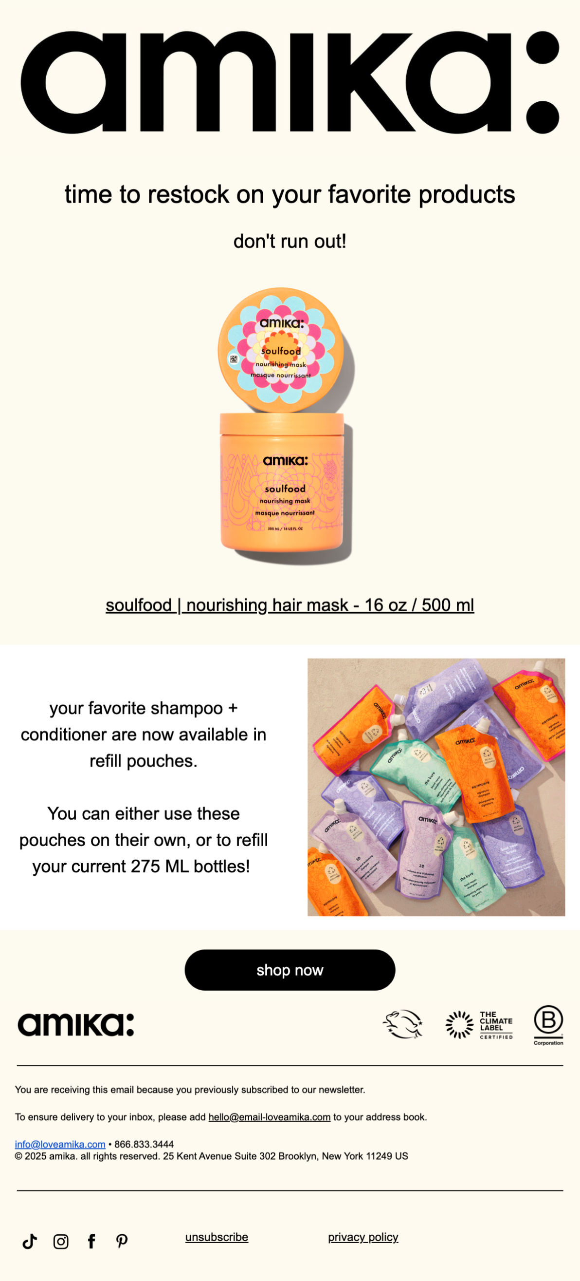 Replenishment email example: amika