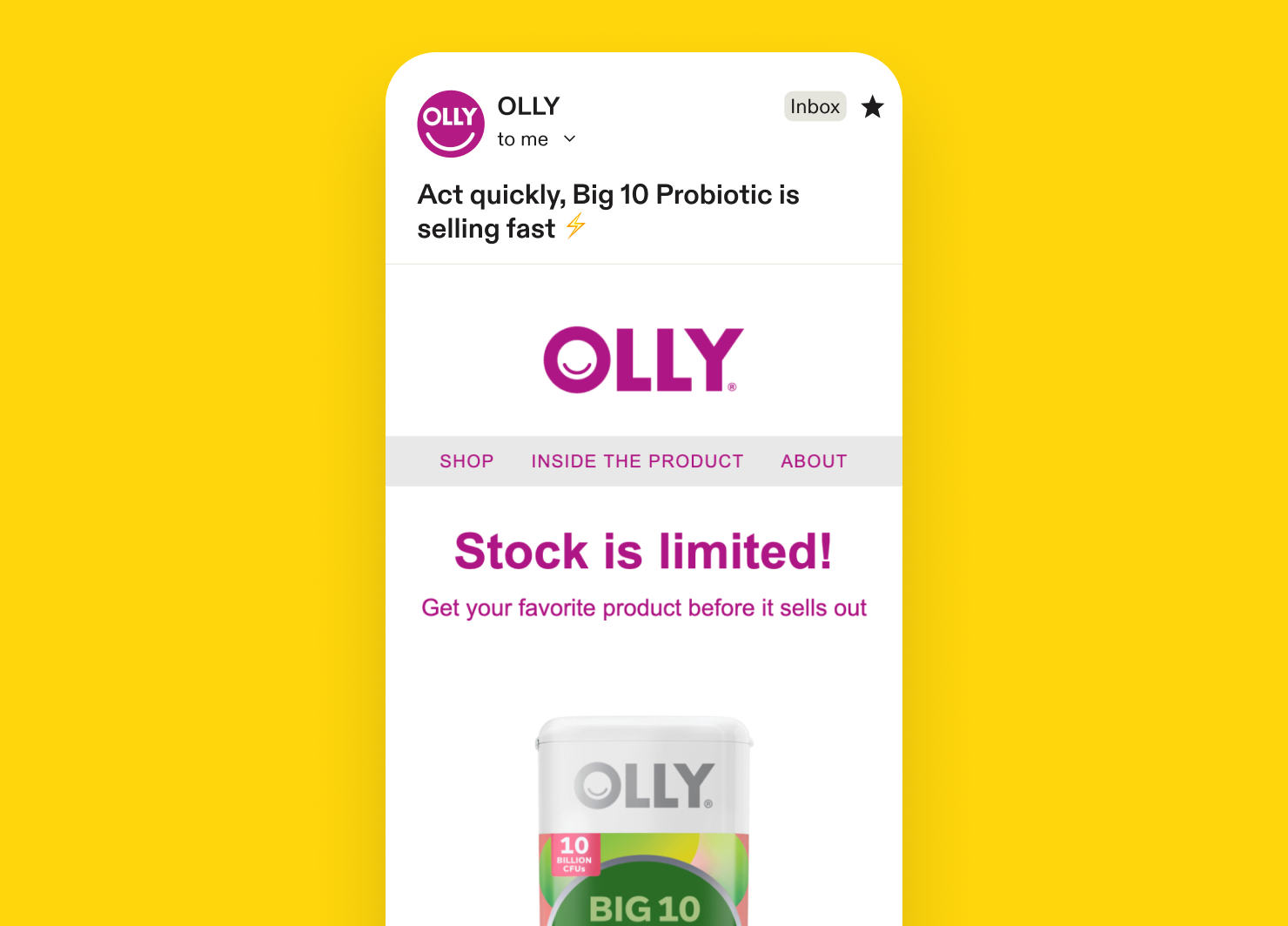 Low inventory email example: Olly