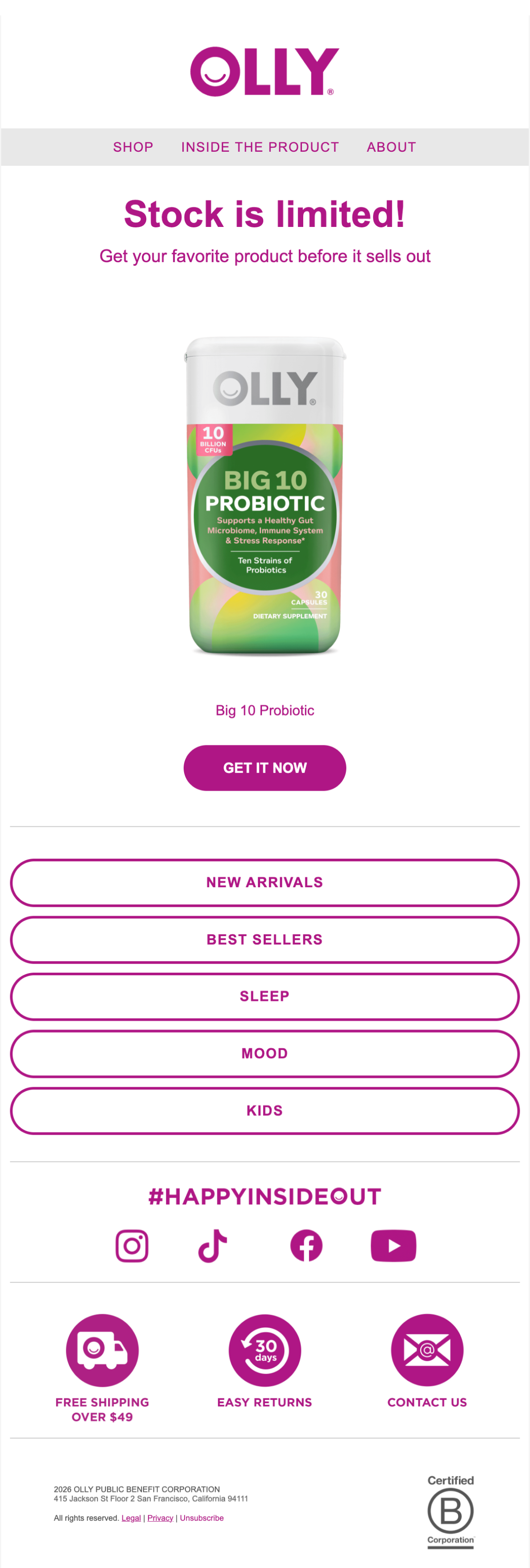 Low inventory email example: Olly
