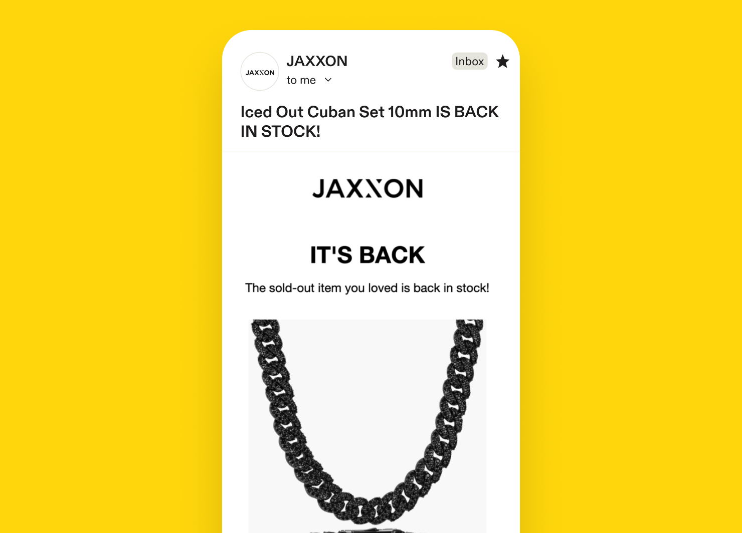 Back-in-stock email example: Jaxxon