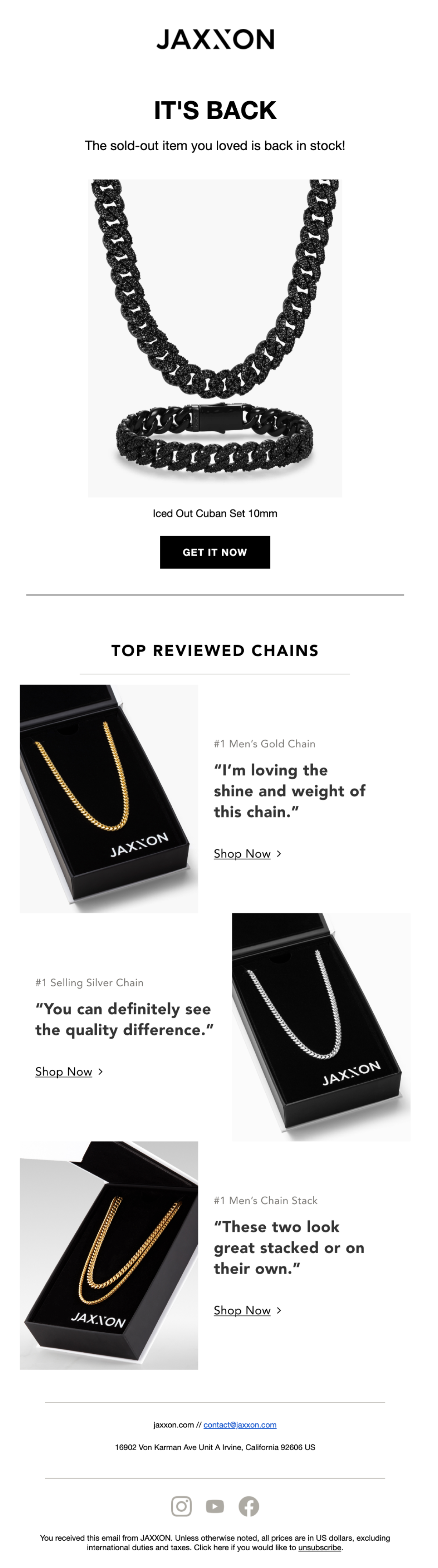 Back-in-stock email example: Jaxxon