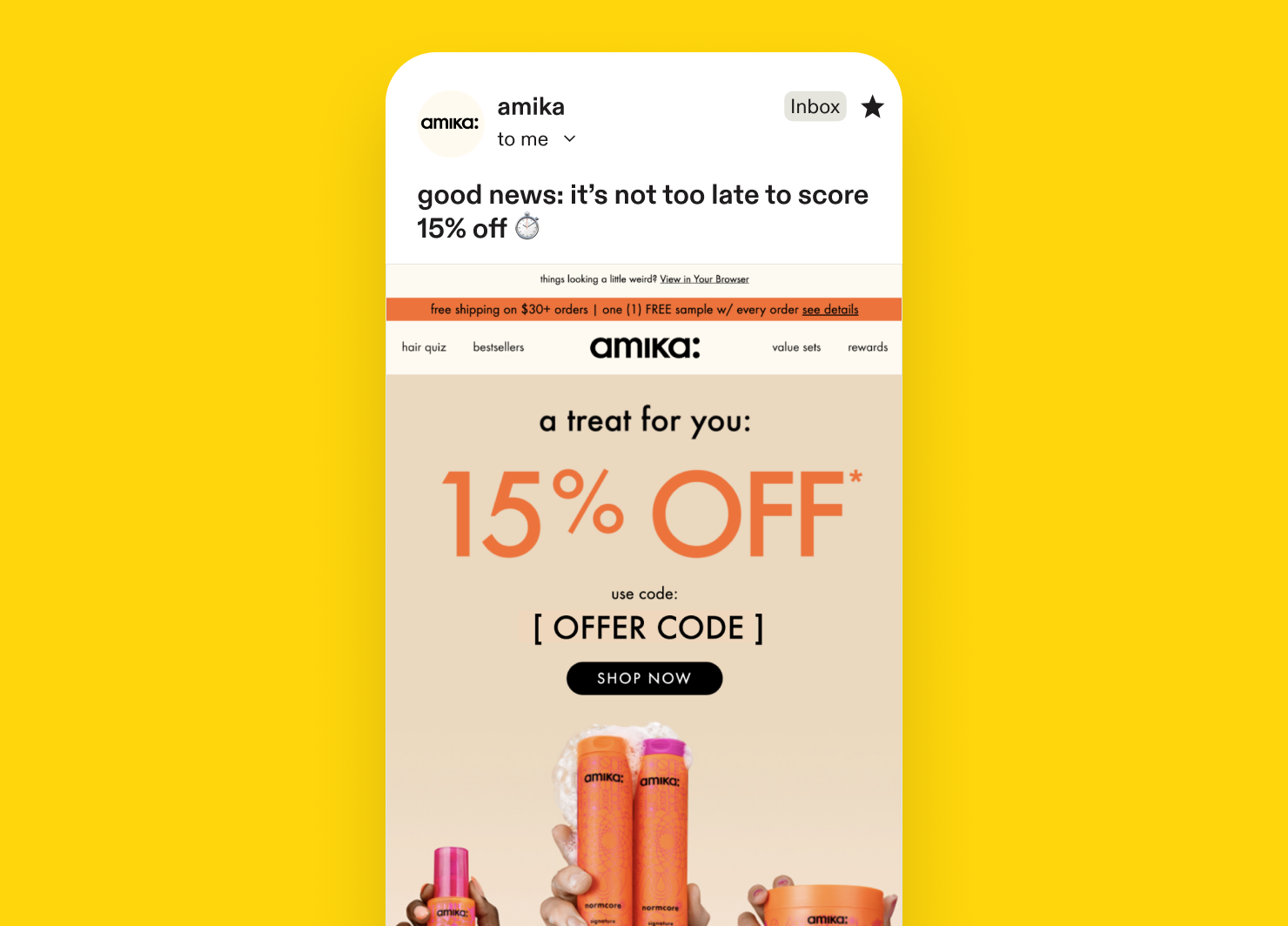 Social proof email example: amika