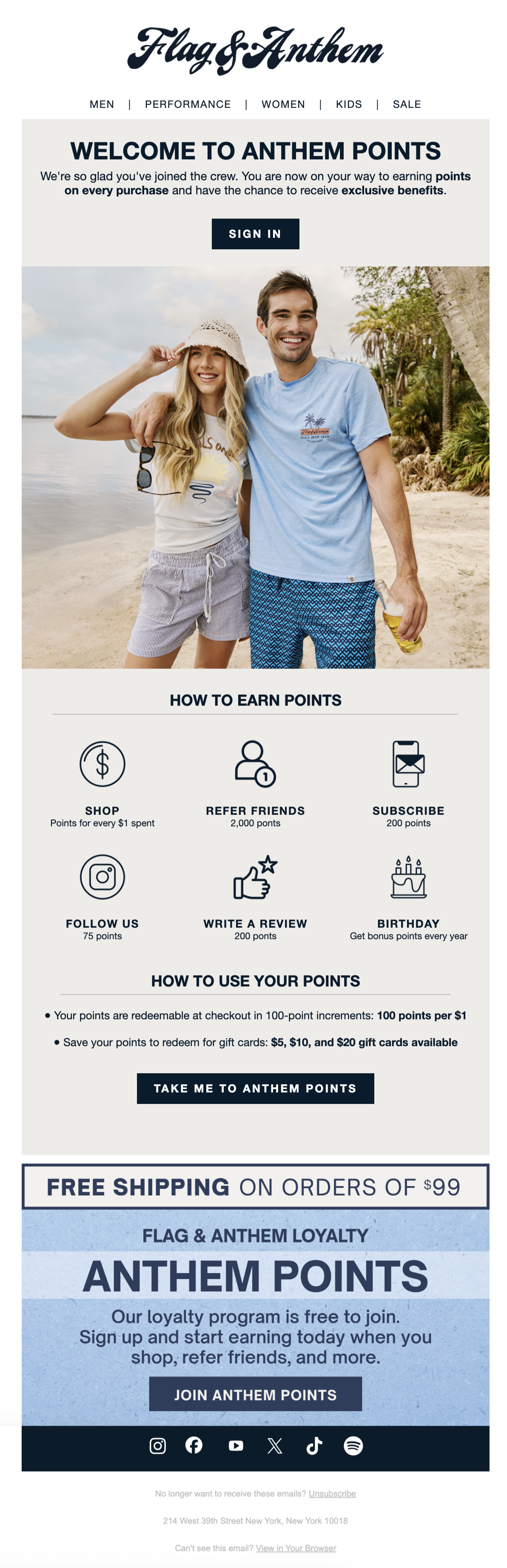 Loyalty program email example: Flag & Anthem