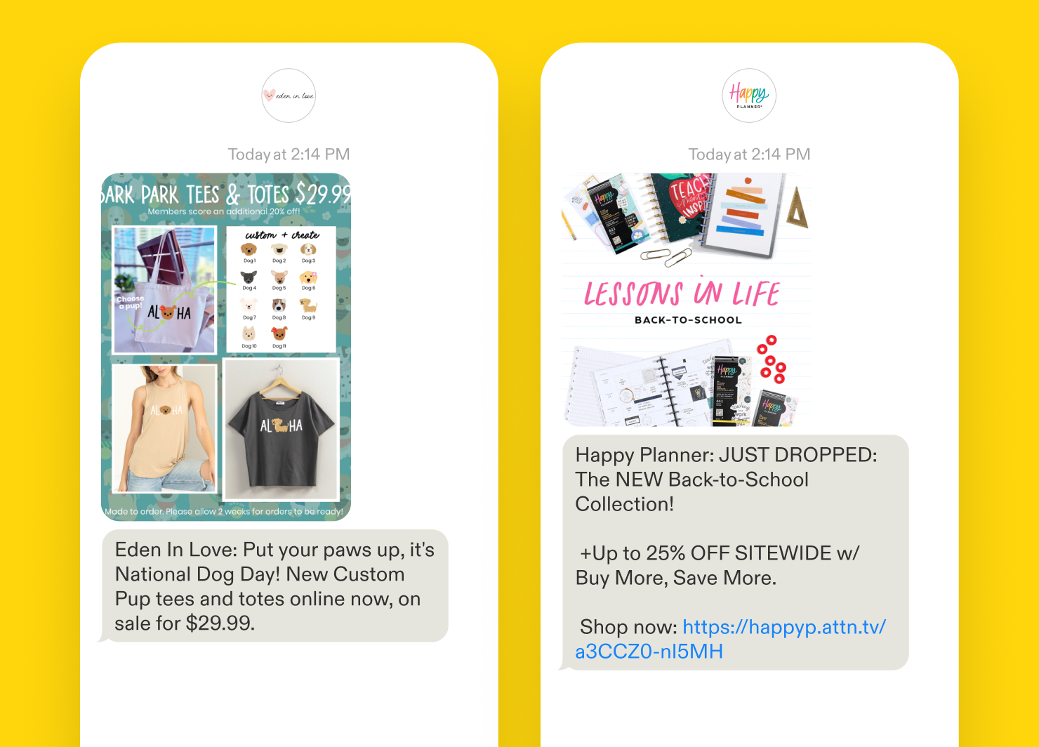 Two text message examples one for national dog day and one for planner day