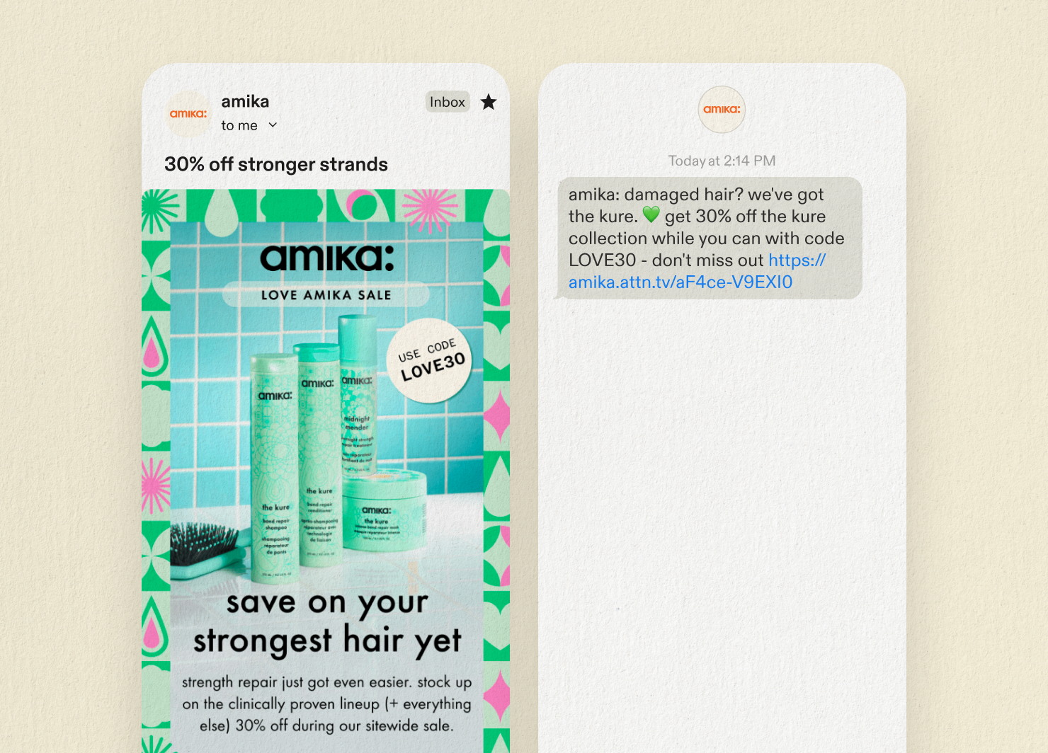 amika segmented email and SMS sale campaign example