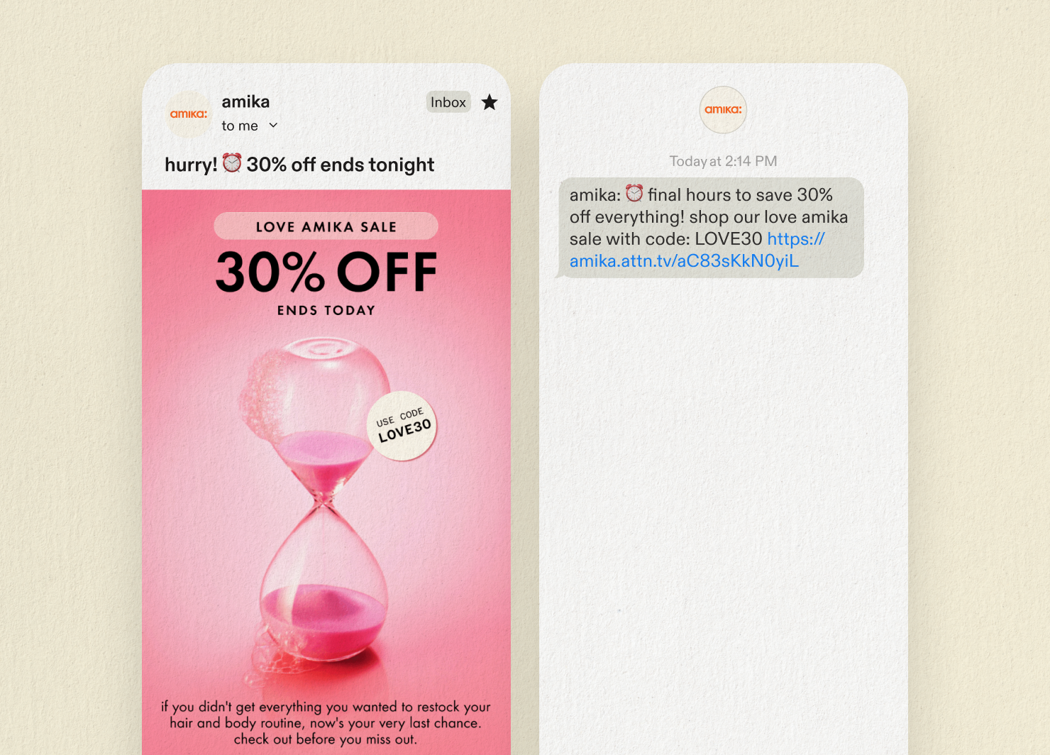 amika sale last-call email and SMS campaign examples