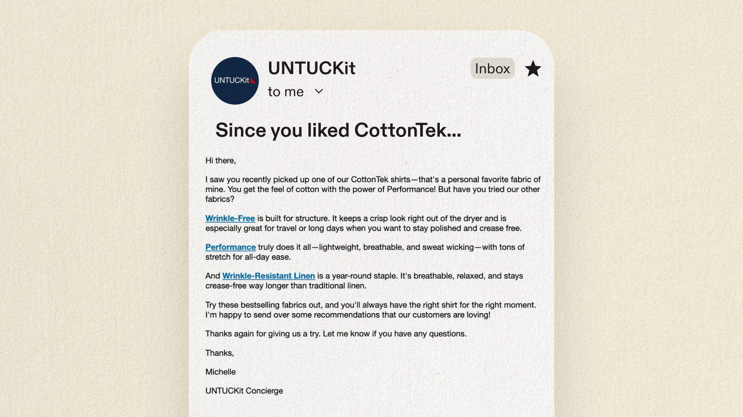 UNTUCKit post-purchase email example