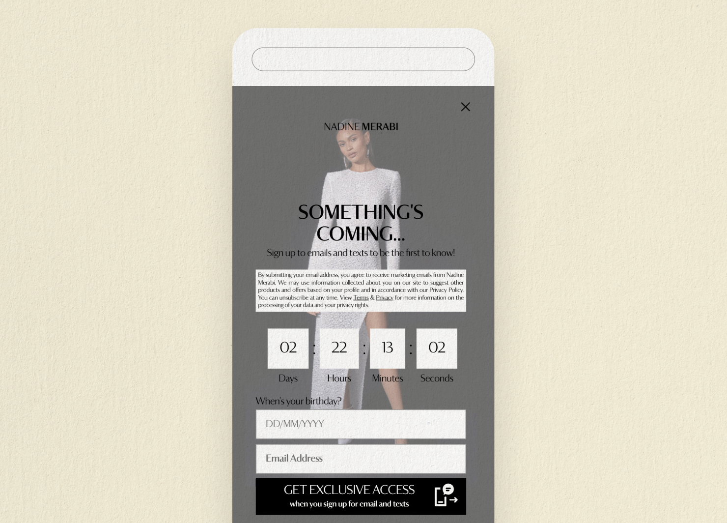 Nadine Merabi email pop-up example