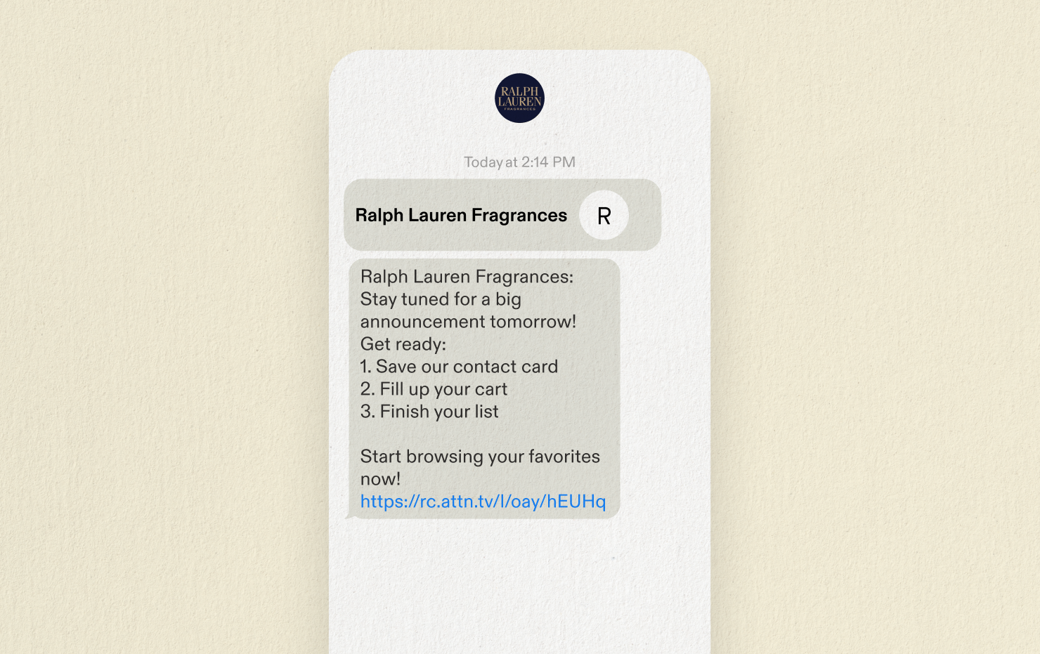 Ralph Lauren Fragrances SMS contact card and welcome text example