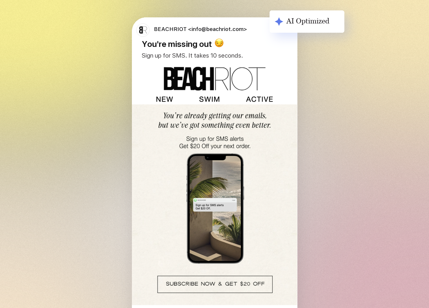 Optimized Beach Riot SMS sign-up email