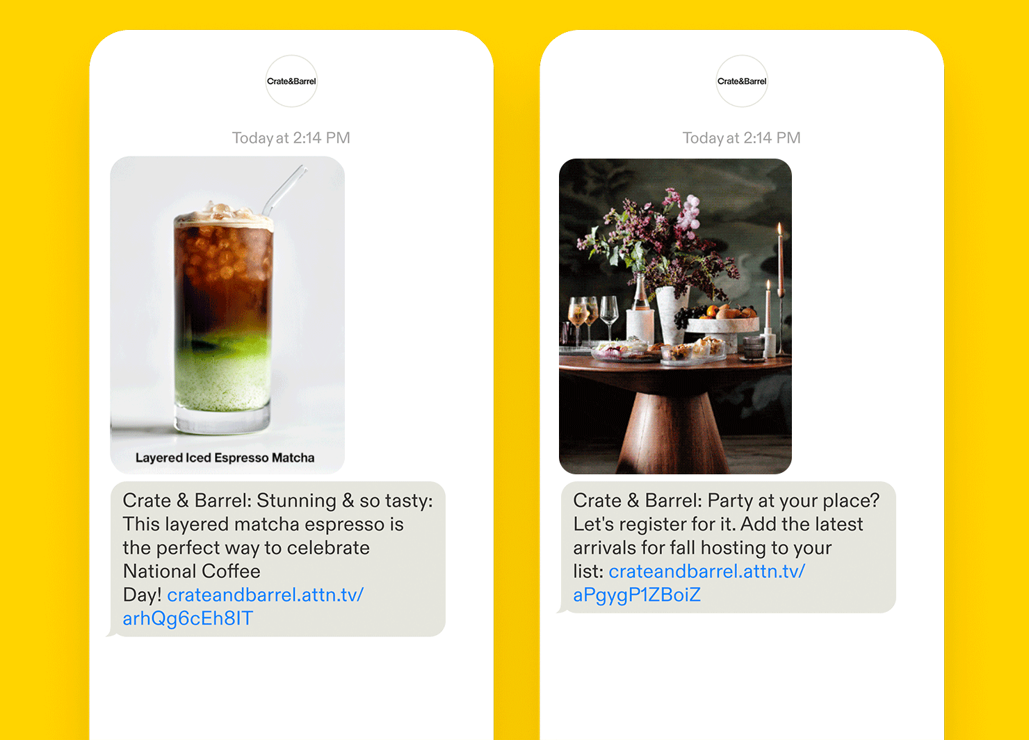Crate & Barrel SMS examples of September marketing campaigns