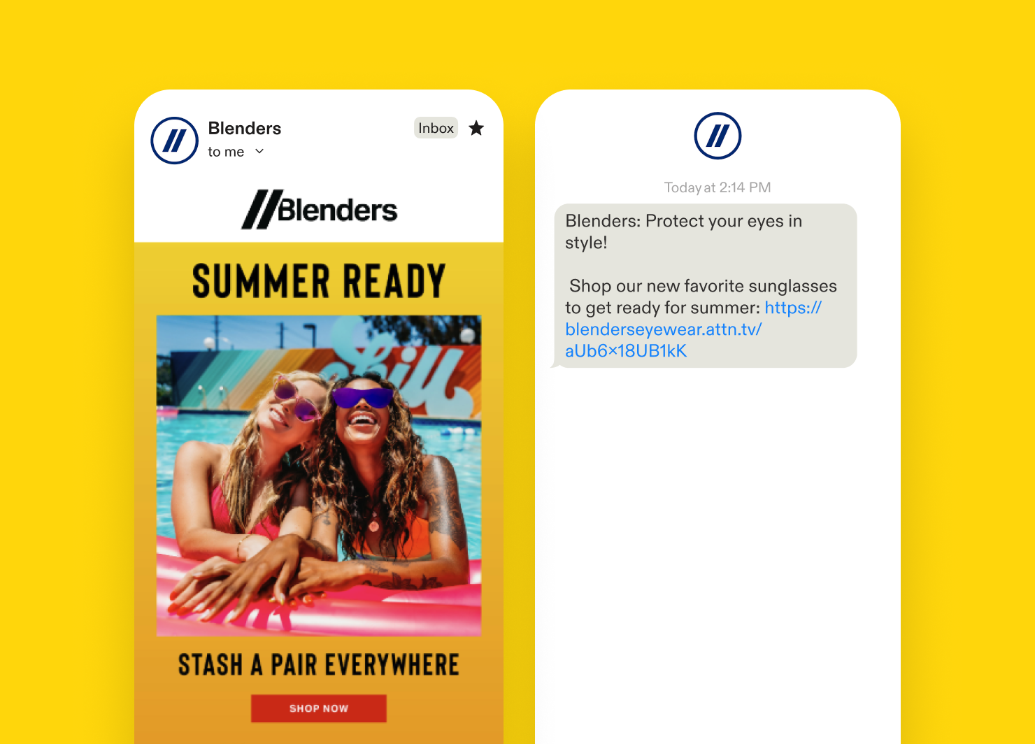 An email and SMS message from Blenders Eyewear promoting their summer collection
