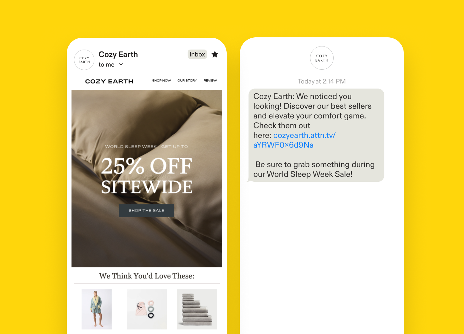 Examples of an abandoned cart email and SMS message from Cozy Earth