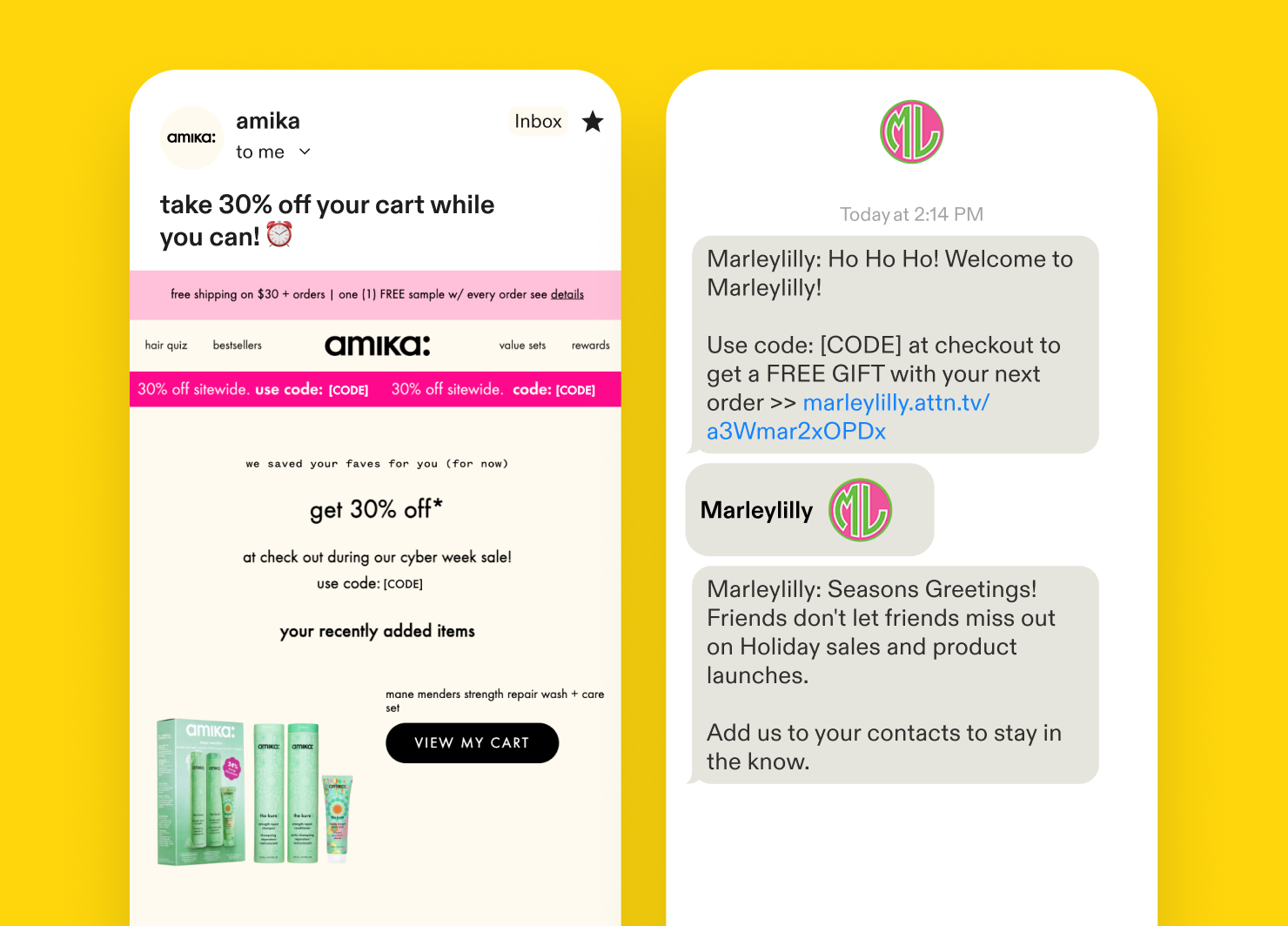 BFCM email and SMS campaign examples from amika and Marleylilly