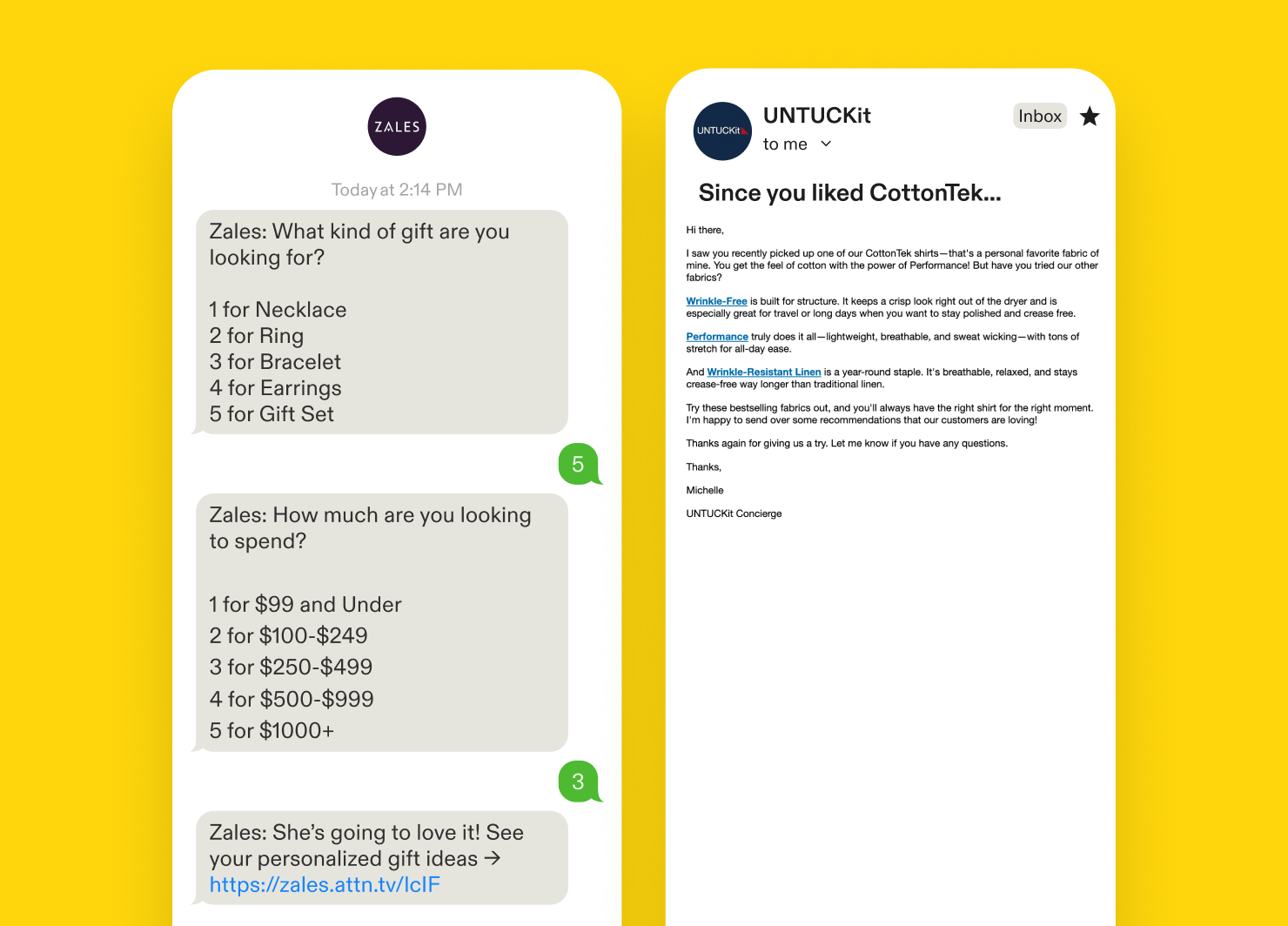 BFCM email and SMS examples from Zales and UNTUCKit