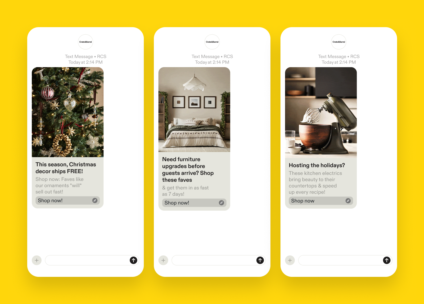 three examples of RCS messages from Crate & Barrel