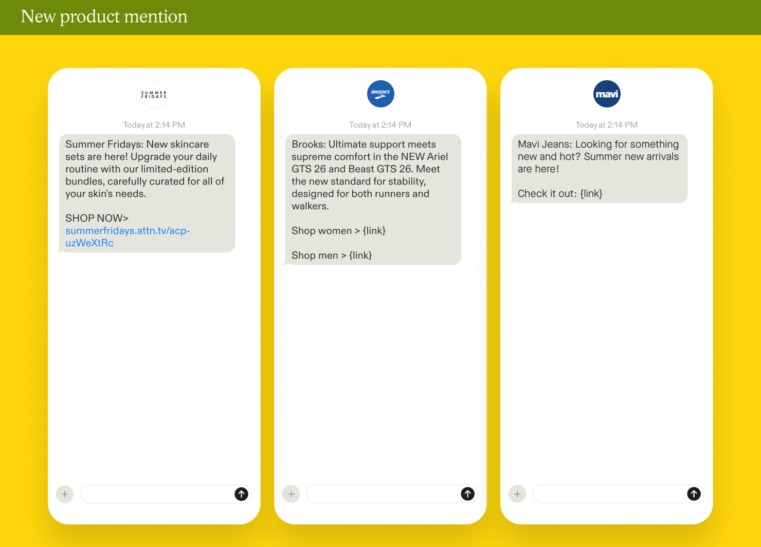 Examples of new product mentions in SMS marketing campaigns