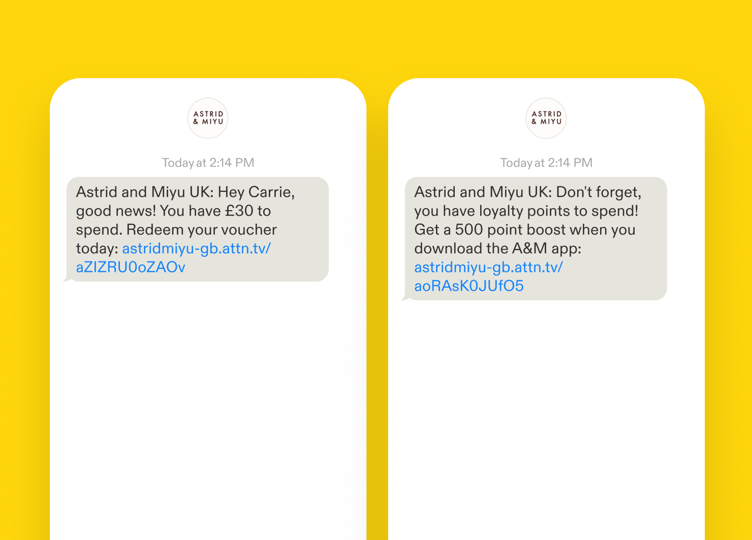 Two text message examples about loyalty and rewards