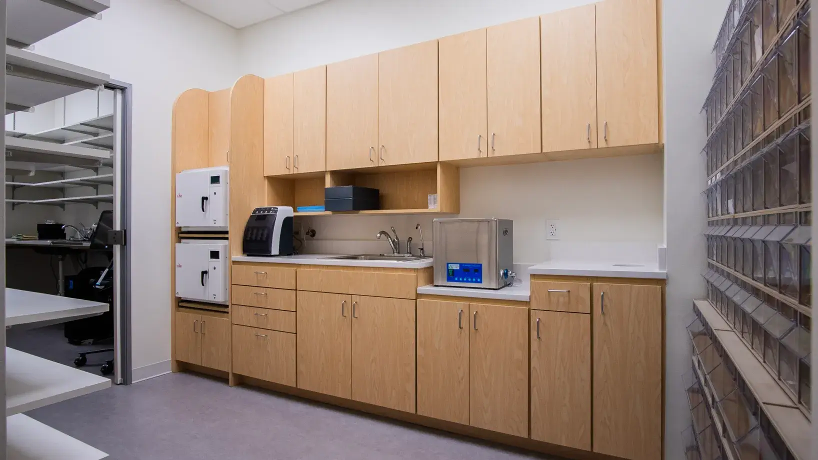 A small laboratory room with wooden cabinets, a sink, and various equipment on the countertop.
