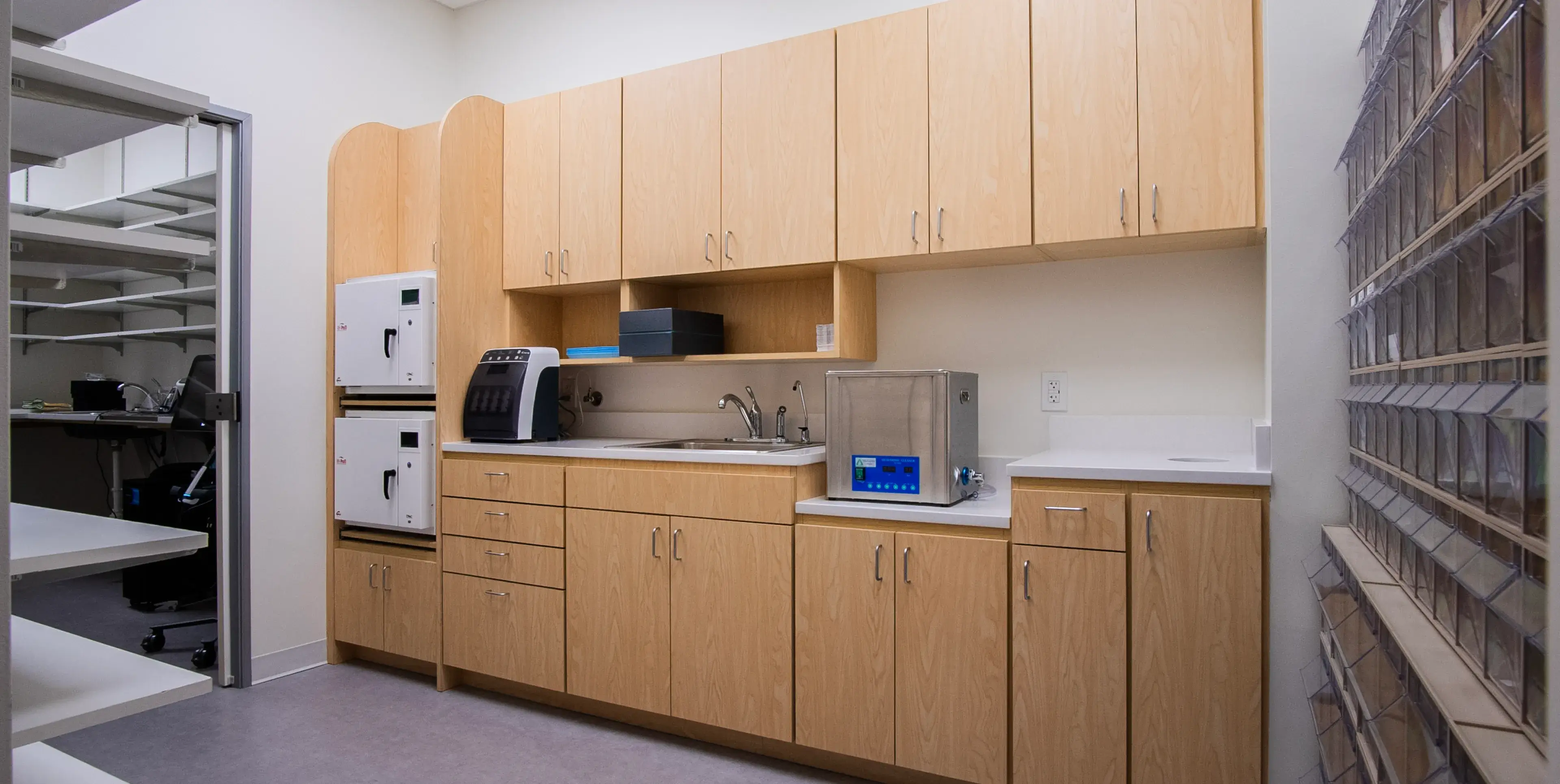 A clean laboratory room with wooden cabinetry, a sink, and scientific equipment on the counter.