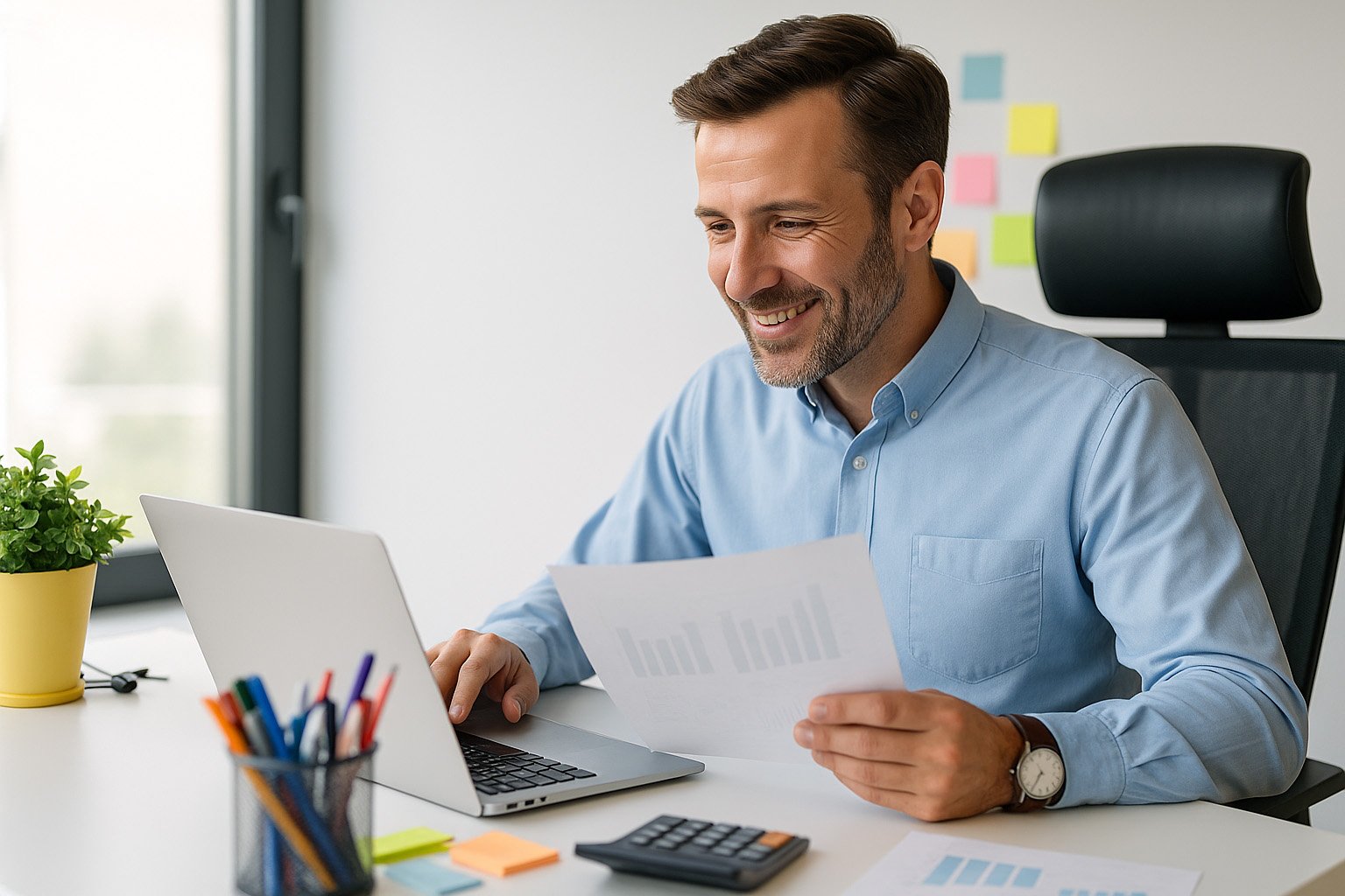 Smiling man in a light blue shirt working at a desk with a laptop, holding a printed graph, with office supplies and sticky notes in the background.