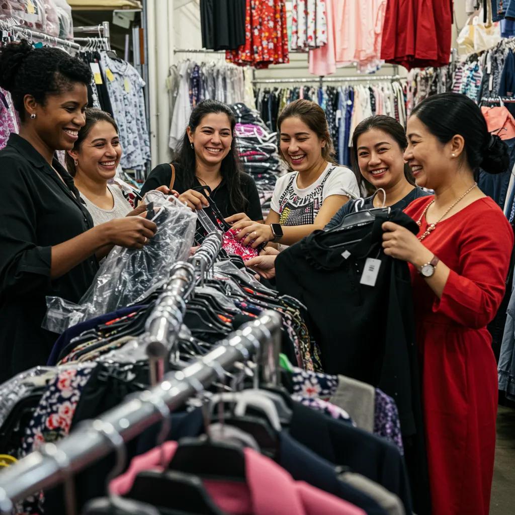 Small business owners discovering budget-friendly clothing options at a wholesale market