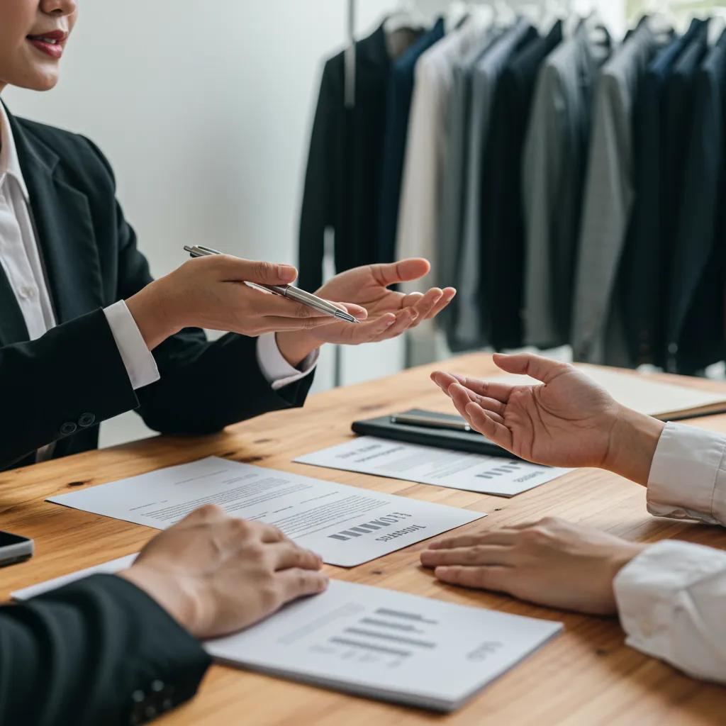 Small business owner discussing prices with a clothing supplier