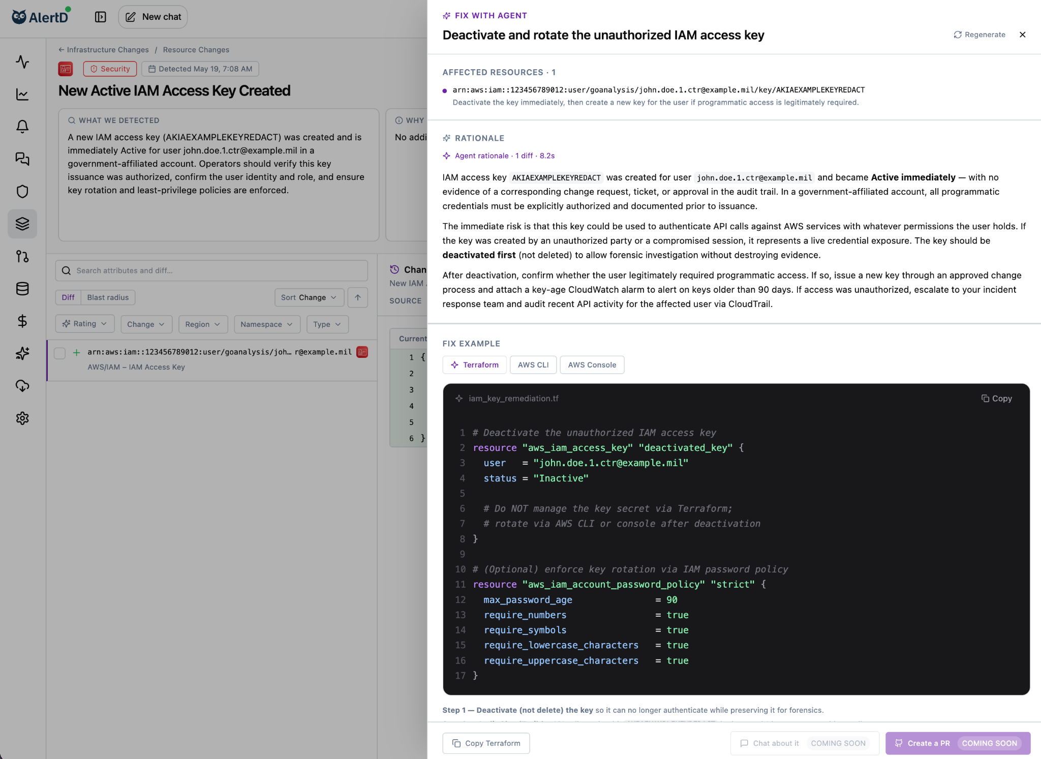 AlertD fix drawer showing Terraform and CloudFormation code examples and AWS console steps to remediate the flagged change.