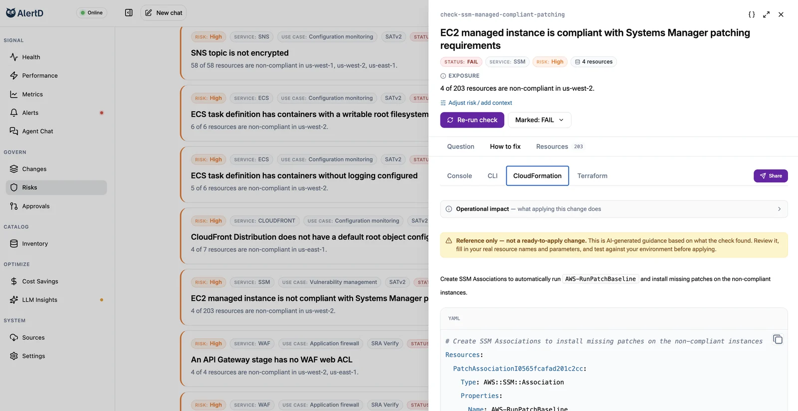 An AlertD finding opened to the How to fix tab, with Console, CLI, CloudFormation and Terraform options, an operational impact expander, a review before applying notice, and generated CloudFormation YAML