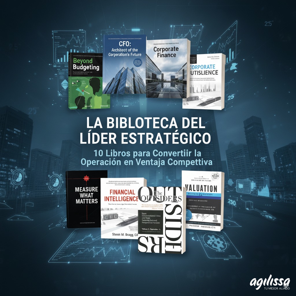Diez portadas de libros de gestión empresarial sobre un fondo azul, bajo el título «La biblioteca del líder estratégico».