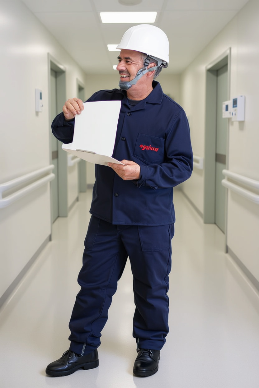 Técnico con casco blanco y uniforme azul revisa una carpeta en un pasillo.