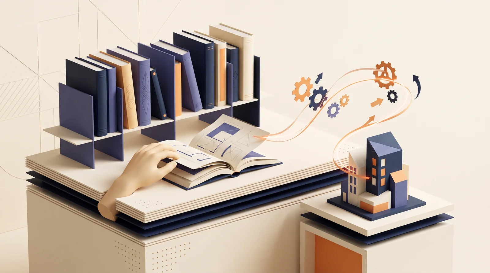 Ilustración de libros sin títulos, una mano sobre un libro abierto y una maqueta de edificio conectados por líneas naranjas.