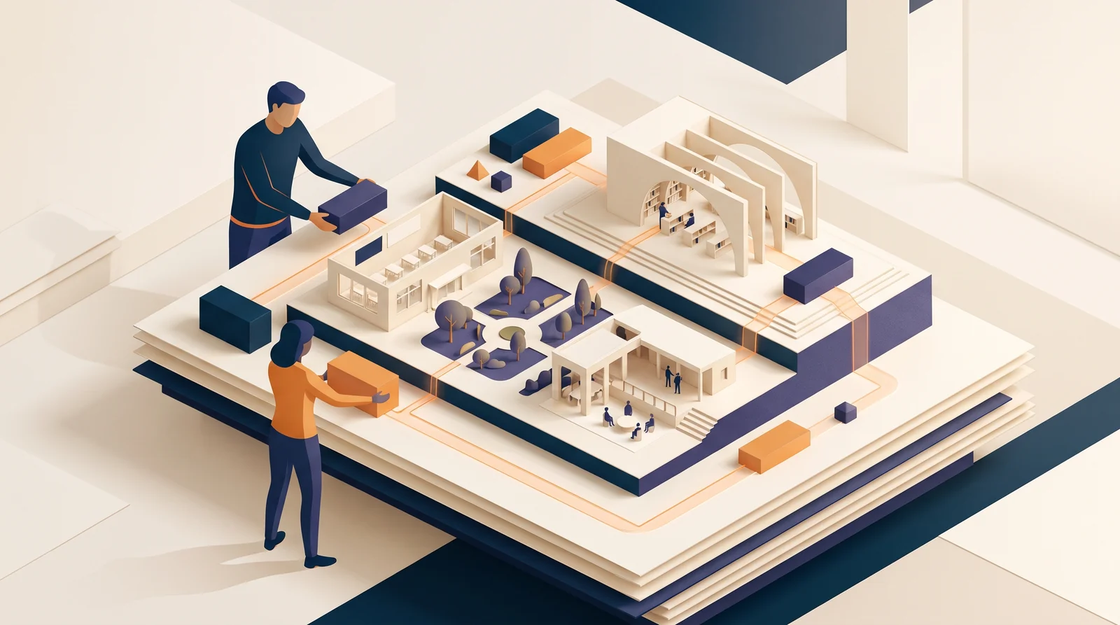 Ilustración de dos personas distribuyendo bloques alrededor de una maqueta de campus con aulas, biblioteca y jardines.