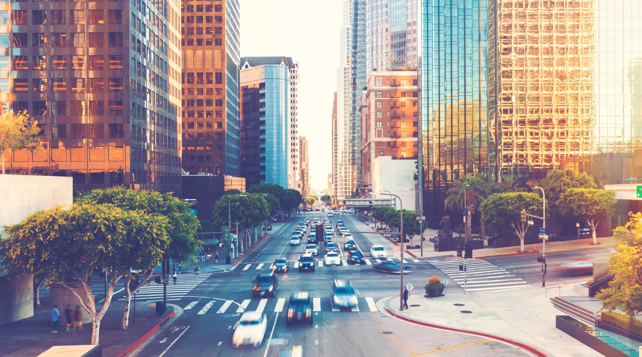 Signalized downtown intersection in evening light