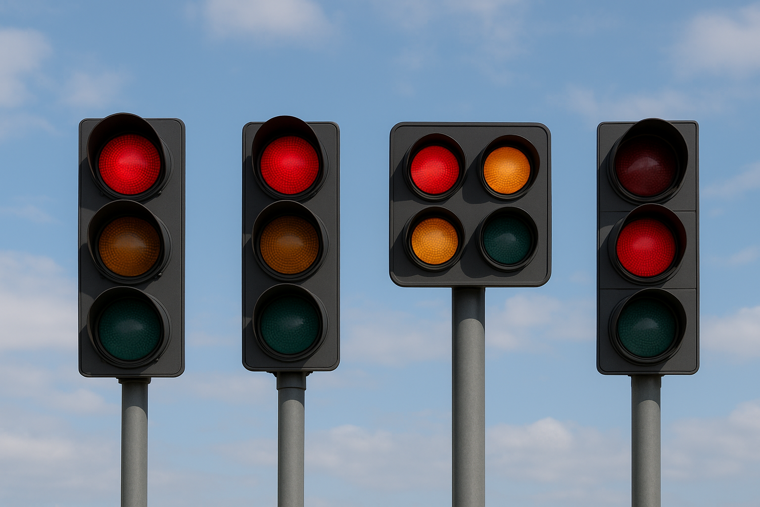 Mast arm with traffic signal head showing red, amber, green lenses