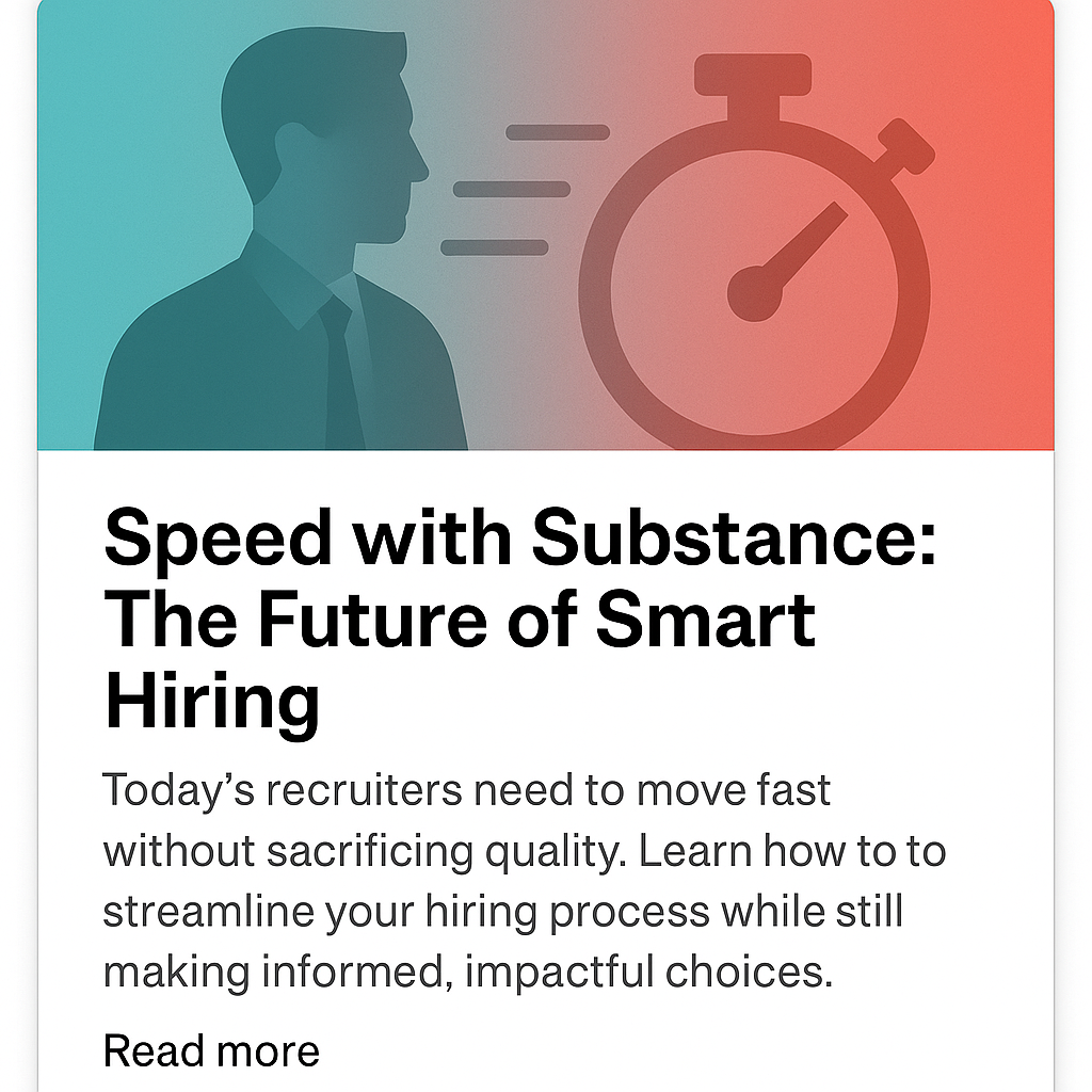 Brand Vibe Talent Partners blog graphic for ‘Speed with Substance: The Future of Smart Hiring’ - a teal silhouette of a professional facing a coral stopwatch icon with motion lines, symbolizing efficient yet thoughtful hiring practices.
