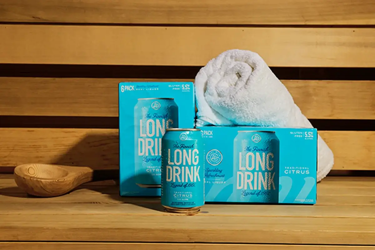 Box of Long Drink and a towel in a sauana